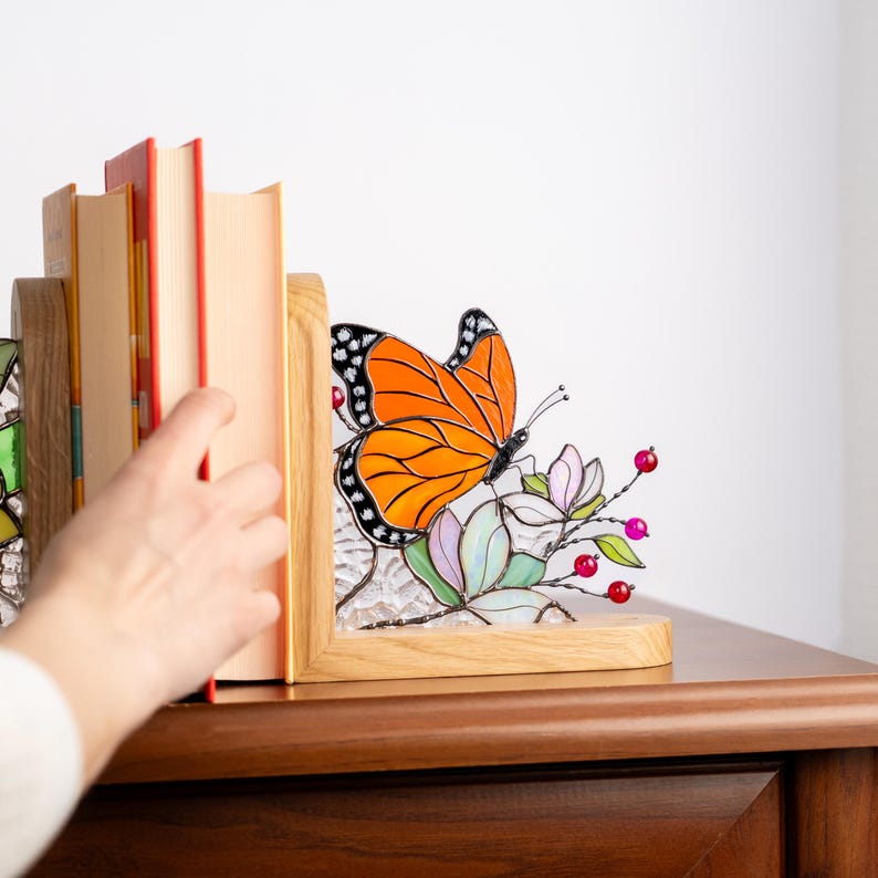 Suporte para livros de vidro colorido estilo vitral borboleta monarca decoração