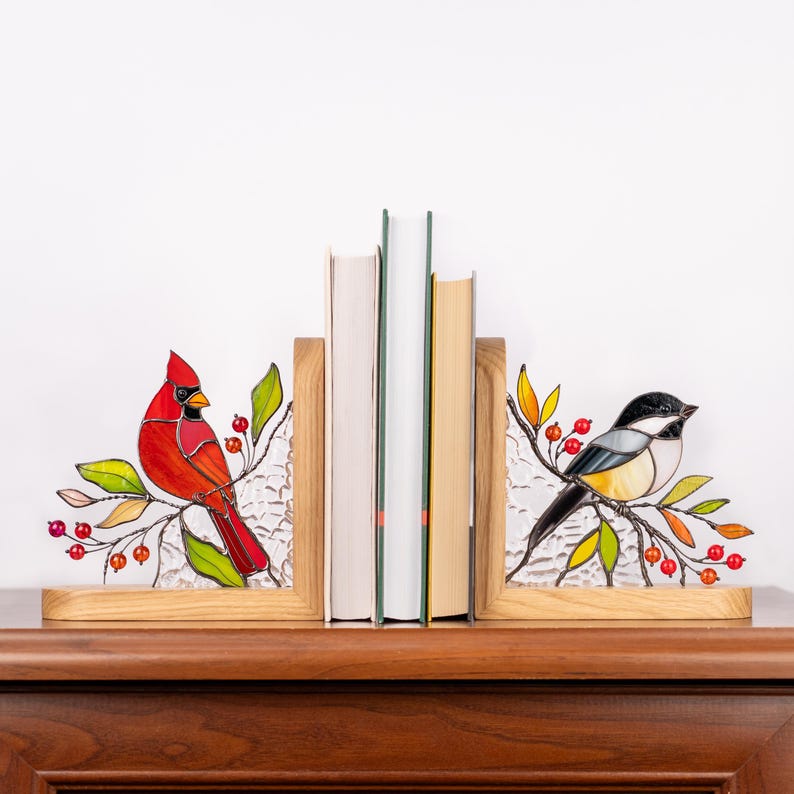 Suporte para livros de vidro colorido estilo vitral chapim decoração