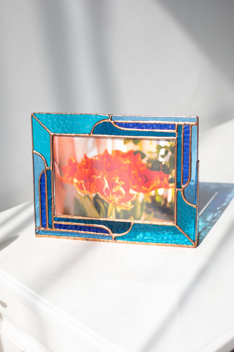 Porta-retrato de vidro colorido azul moldura presente para casa nova