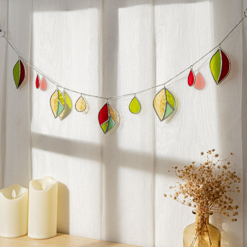 Guirlanda de Vitral com Folhas, Folha de Vidro, Planta de Vitral, Decoração de Janela com Planta, Vitral com Folhas, Guirlanda Pendurada, Decoração de Folhas Q04