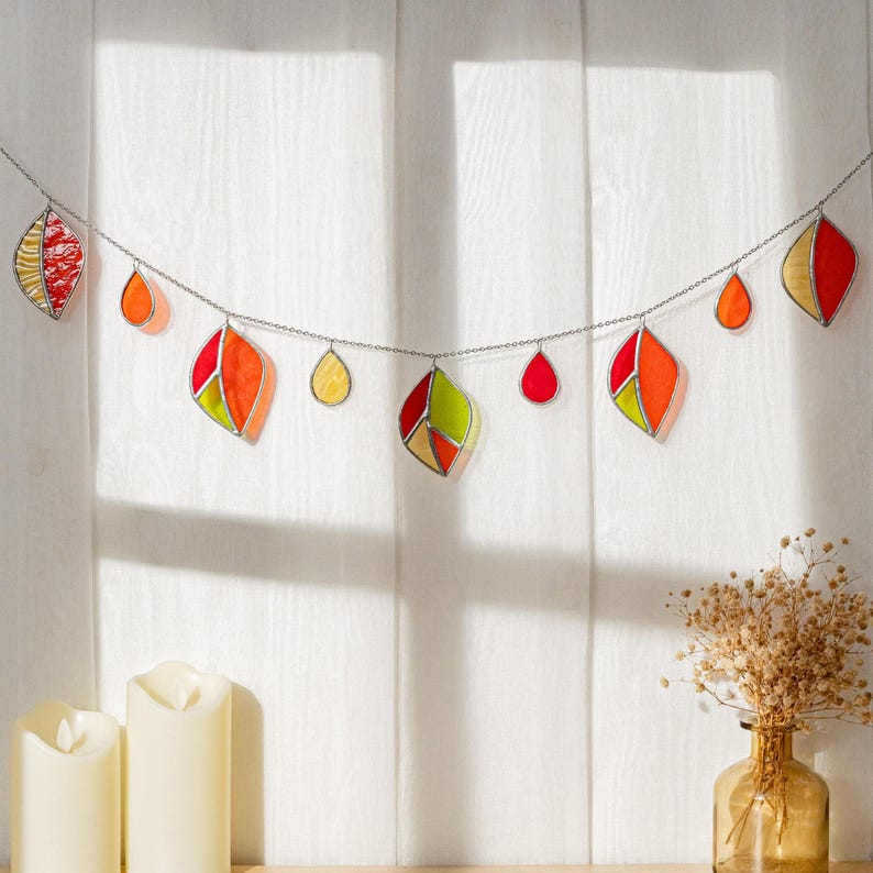 Guirlanda de Vitral com Folhas, Folha de Vidro, Planta de Vitral, Decoração de Janela com Planta, Vitral com Folhas, Guirlanda Pendurada, Decoração de Folhas Q04