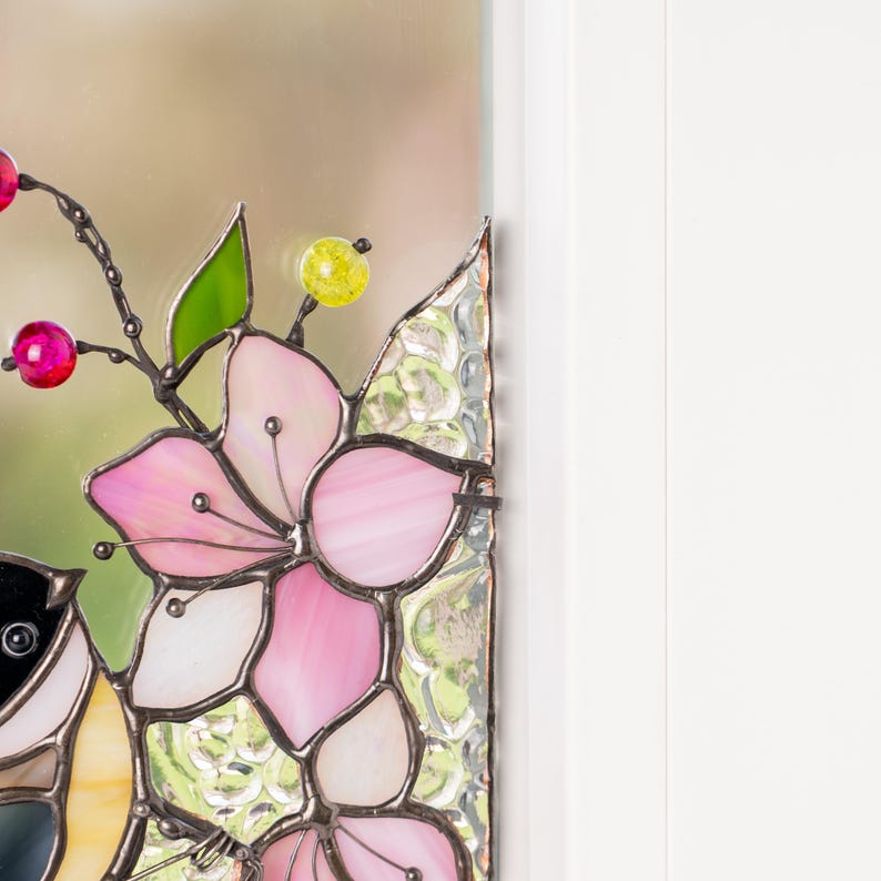 Suporte para livros de vidro colorido estilo vitral chapim-de-cabeça-preta