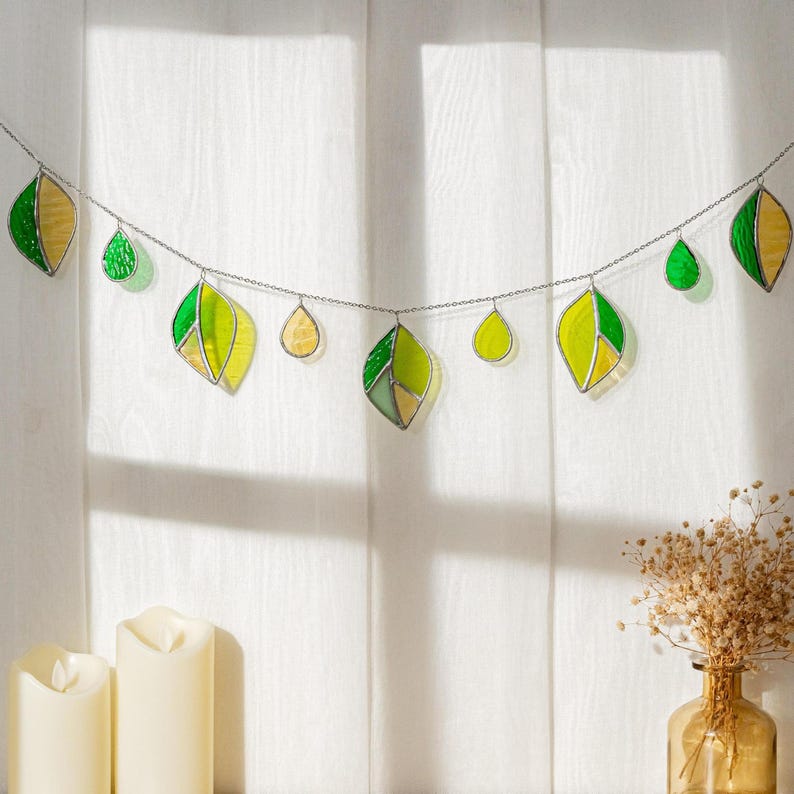 Guirlanda de Vitral com Folhas, Folha de Vidro, Planta de Vitral, Decoração de Janela com Planta, Vitral com Folhas, Guirlanda Pendurada, Decoração de Folhas Q04