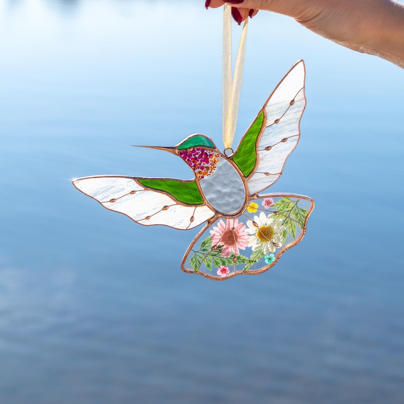 Vitrais de beija-flor para pendurar na janela, enfeites de pássaros para apanhador de sol, presentes para o Dia das Mães.
