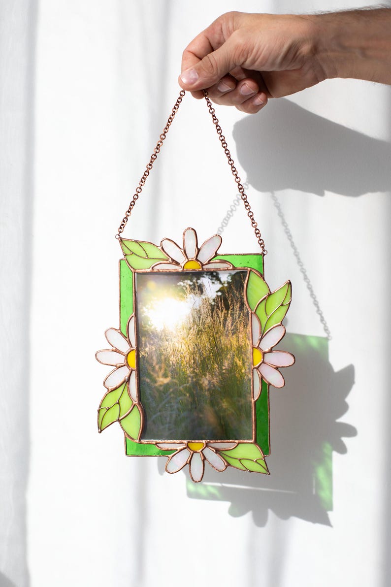 Porta-retrato de vidro colorido margaridas verdes moldura presente amigo
