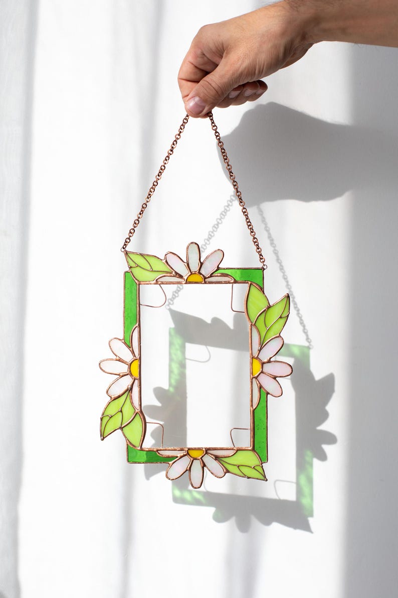 Porta-retrato de vidro colorido margaridas verdes moldura presente amigo