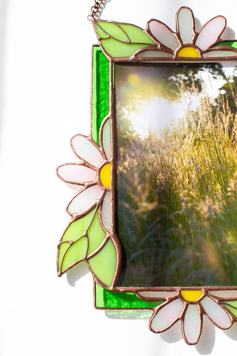 Porta-retrato de vidro colorido margaridas verdes moldura presente amigo