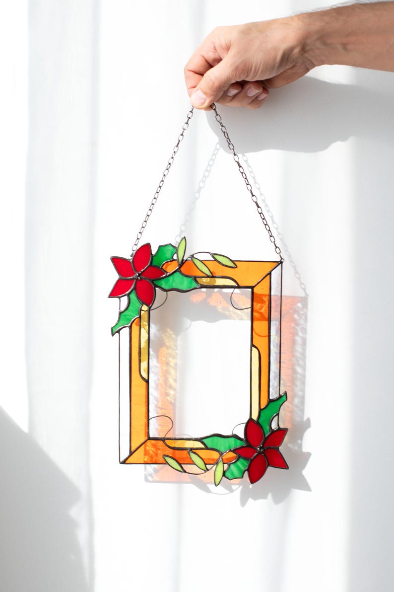 Porta-retrato de vidro colorido poinsétia vermelha moldura presente Natal