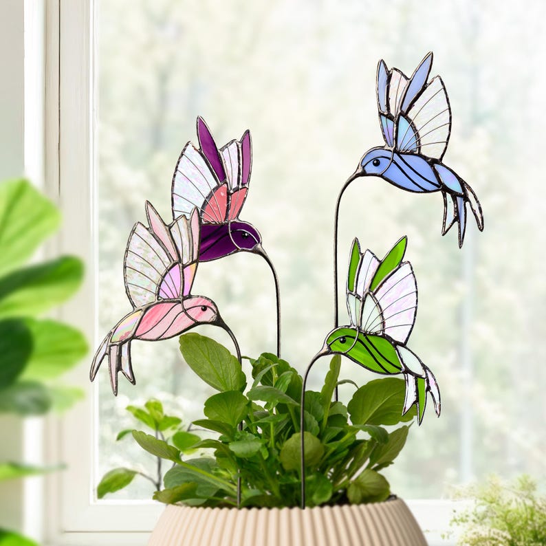 Suporte de plantas em vitral com beija-flor - Presente artesanal para apanhador de sol, perfeito para mães.