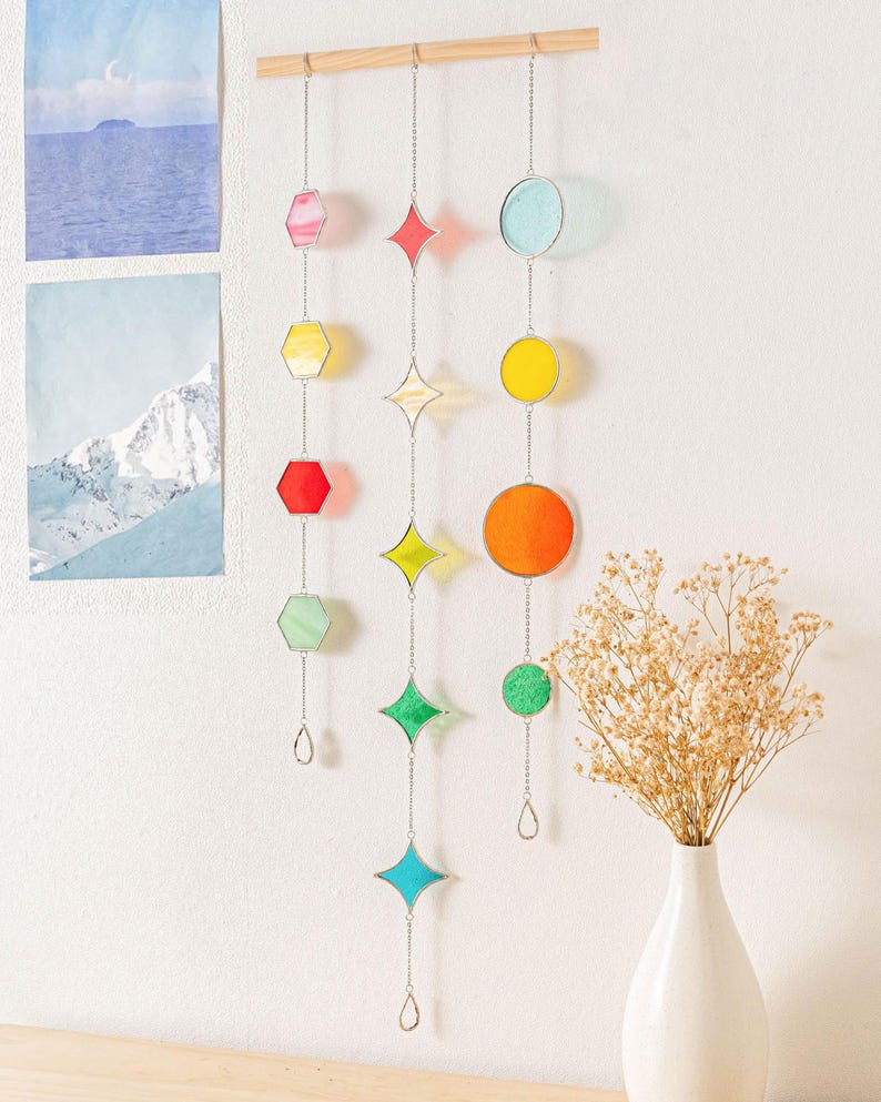 Apanhador de sol de parede com vitral geométrico colorido para decoração de janelas e ambientes Q22