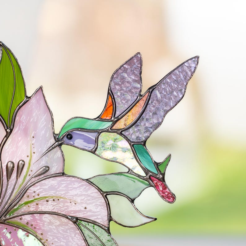 Painel de Vitral com Beija-flor para Janela, Presente para Avós, Enfeite de Beija-flor, Suporte para Livros em Vitral, Canto Decorativo com Pássaros em Vitral