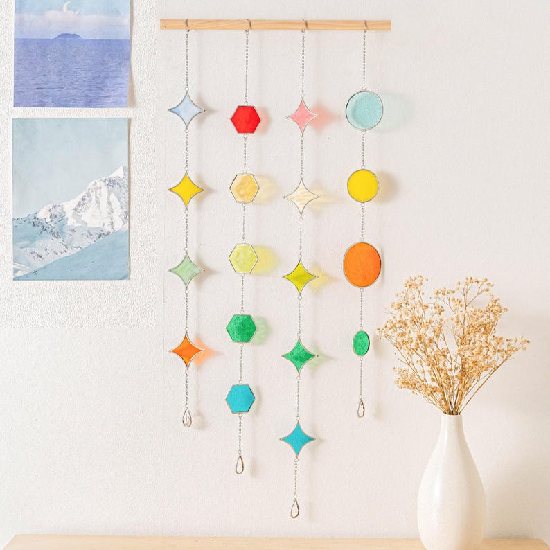 Apanhador de sol de parede com vitral geométrico colorido para decoração de janelas e ambientes Q22