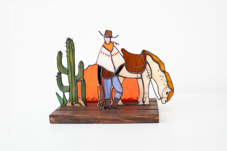 Escultura de vidro colorido vitral cowboy cavalo decoração western apanhador de sol