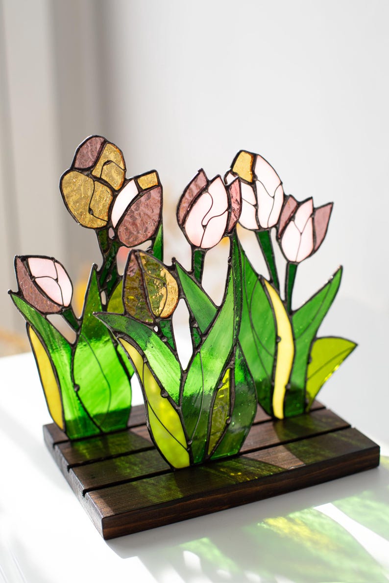 Escultura de vidro colorido painel tulipas vitral apanhador de sol floral primavera