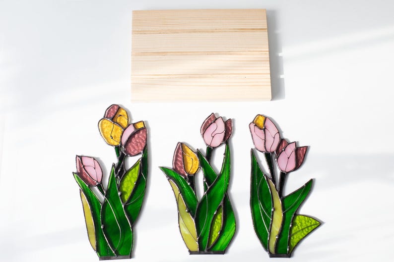 Escultura de vidro colorido painel tulipas vitral apanhador de sol floral primavera