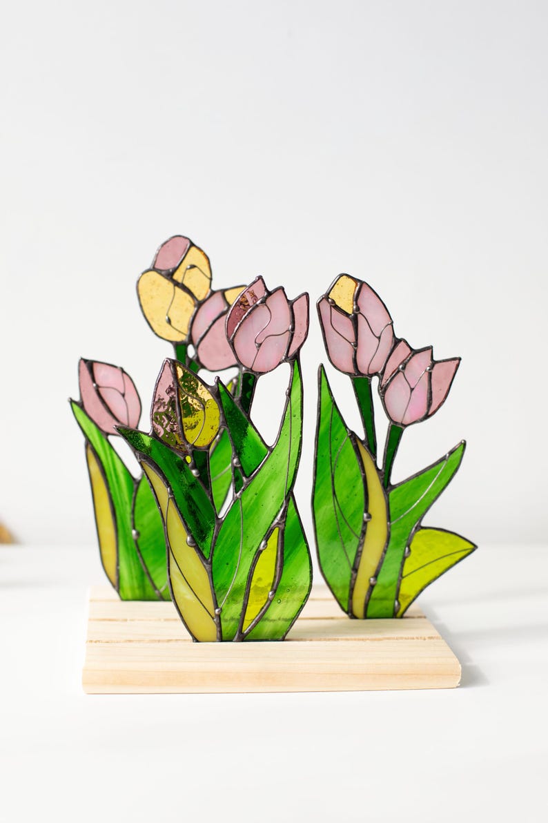 Escultura de vidro colorido painel tulipas vitral apanhador de sol floral primavera