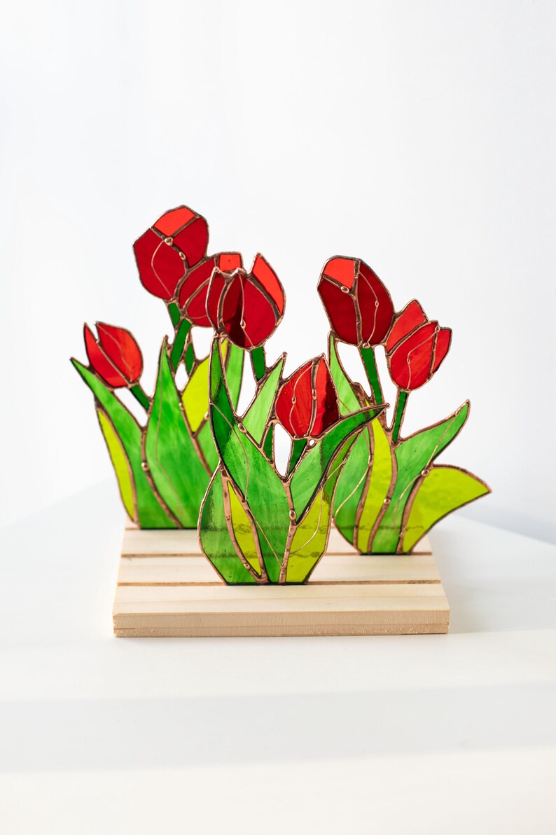 Escultura de vidro colorido painel tulipas vitral apanhador de sol floral primavera