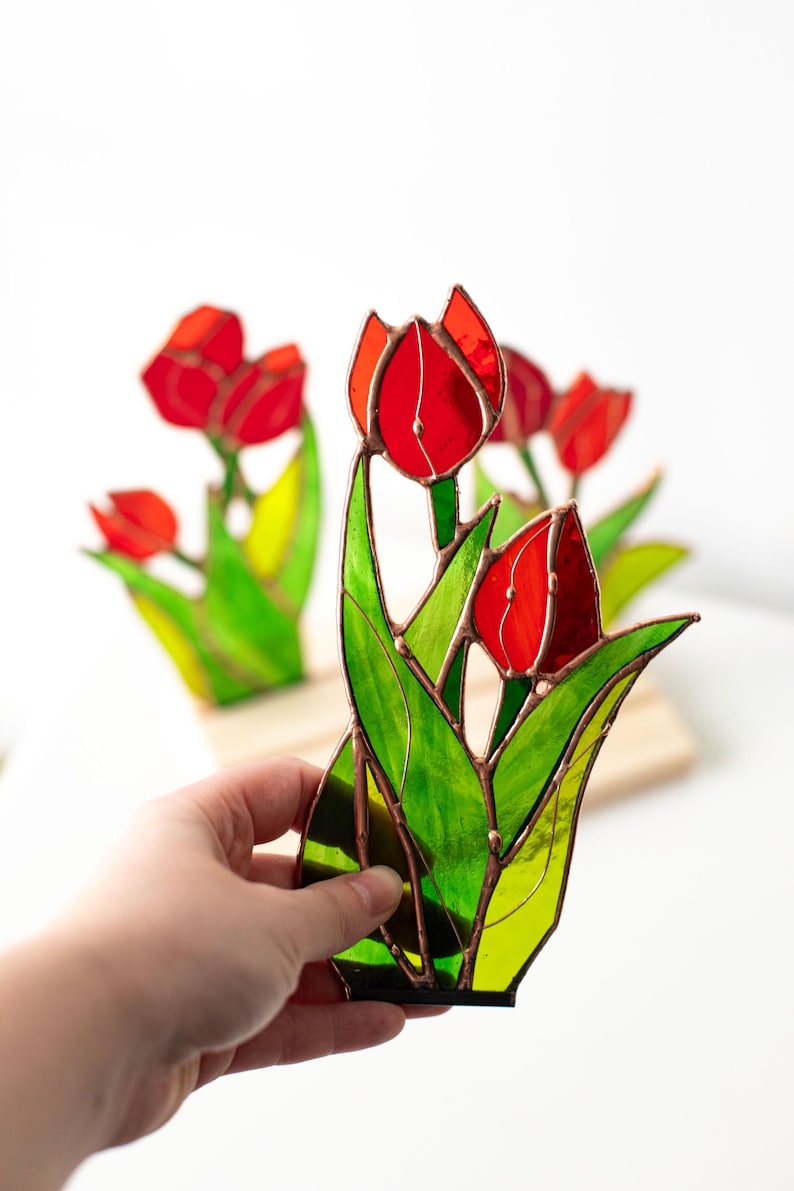 Escultura de vidro colorido painel tulipas vitral apanhador de sol floral primavera