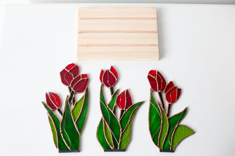 Escultura de vidro colorido painel tulipas vitral apanhador de sol floral primavera