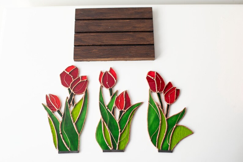 Escultura de vidro colorido painel tulipas vitral apanhador de sol floral primavera