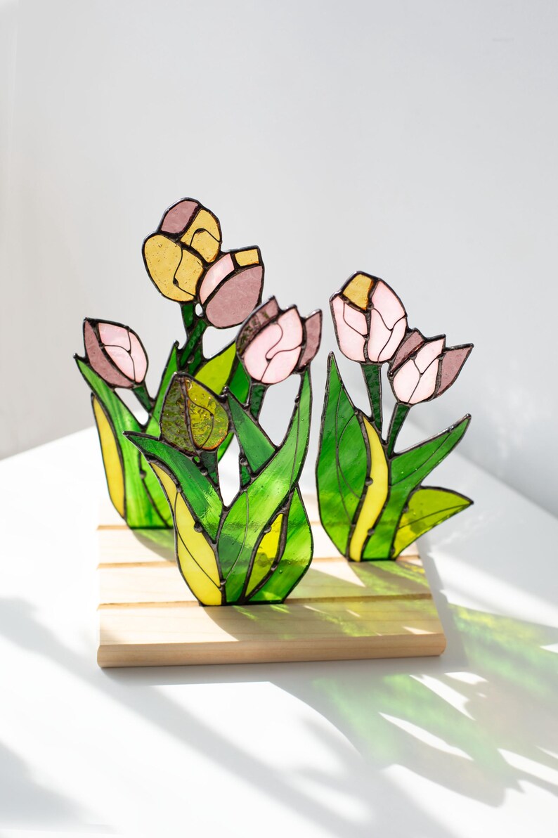 Escultura de vidro colorido painel tulipas vitral apanhador de sol floral primavera