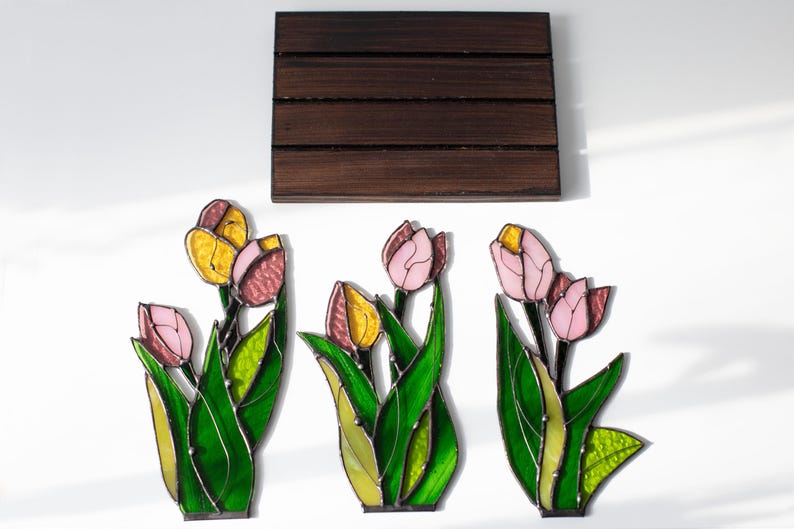 Escultura de vidro colorido painel tulipas vitral apanhador de sol floral primavera