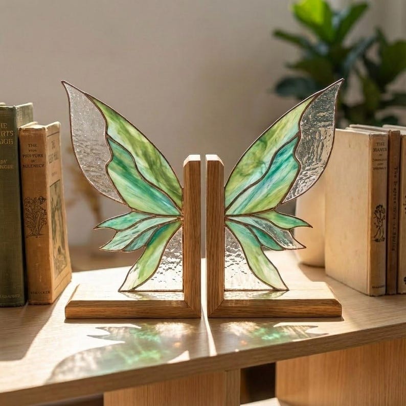 Suporte para livros de vidro colorido estilo vitral asas de fada biblioteca