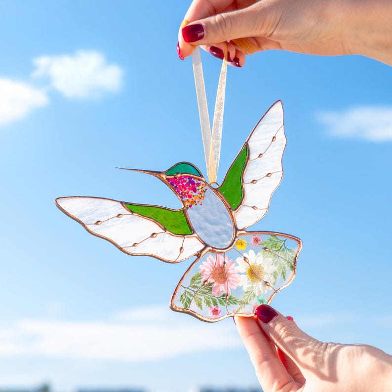 Vitrais de beija-flor para pendurar na janela, enfeites de pássaros para apanhador de sol, presentes para o Dia das Mães.
