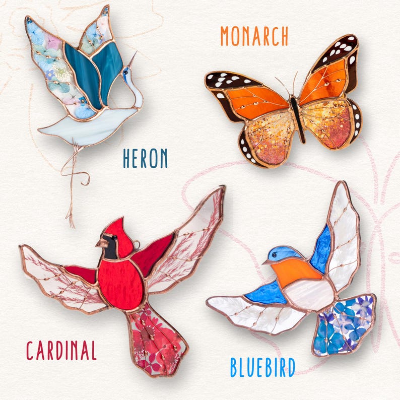Vitral em forma de garça-azul com flores prensadas, decoração para presente para amantes de pássaros.