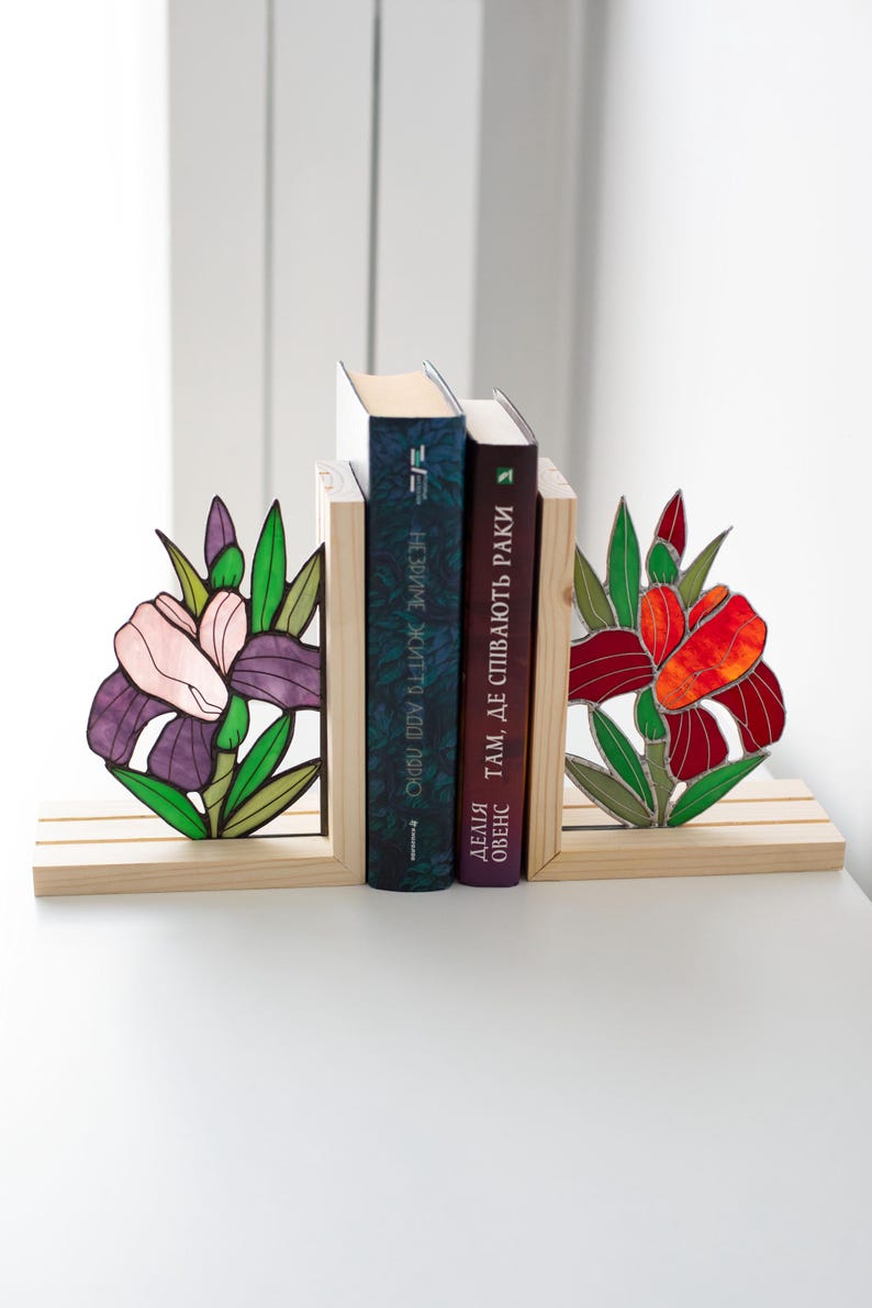 Suporte para livros de vidro colorido estilo vitral íris flor leitura