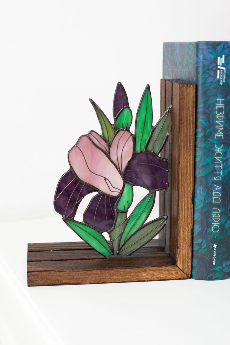 Suporte para livros de vidro colorido estilo vitral íris flor leitura