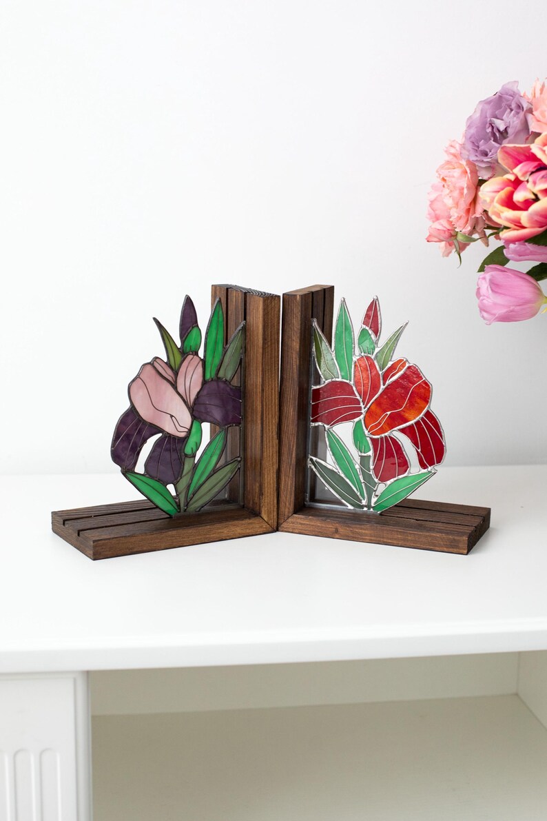 Suporte para livros de vidro colorido estilo vitral íris flor leitura
