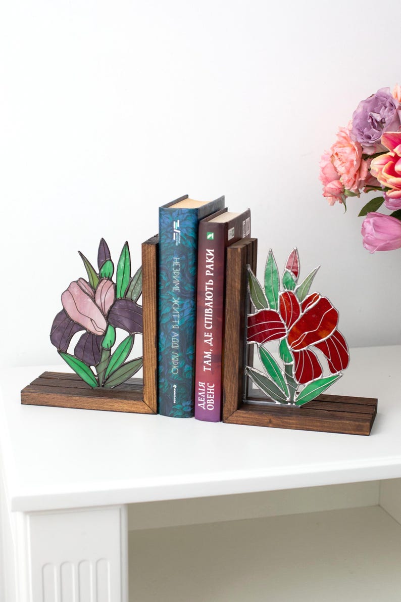 Suporte para livros de vidro colorido estilo vitral íris flor leitura