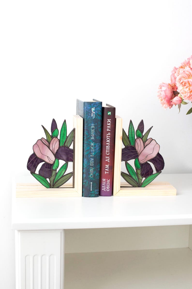 Suporte para livros de vidro colorido estilo vitral íris flor leitura