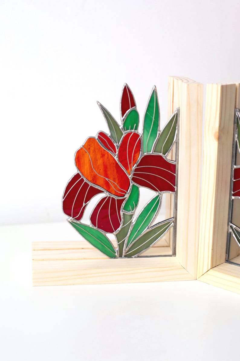 Suporte para livros de vidro colorido estilo vitral íris flor leitura