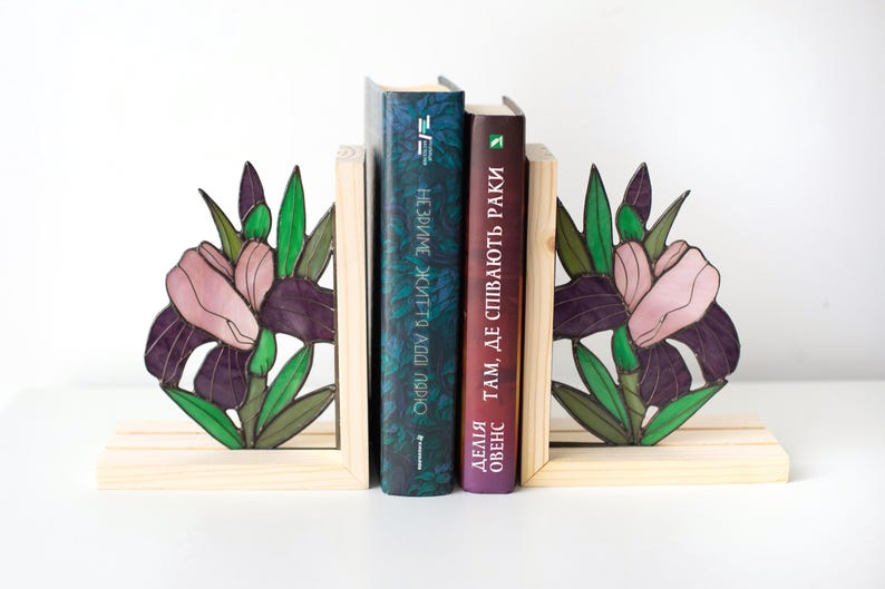 Suporte para livros de vidro colorido estilo vitral íris flor leitura