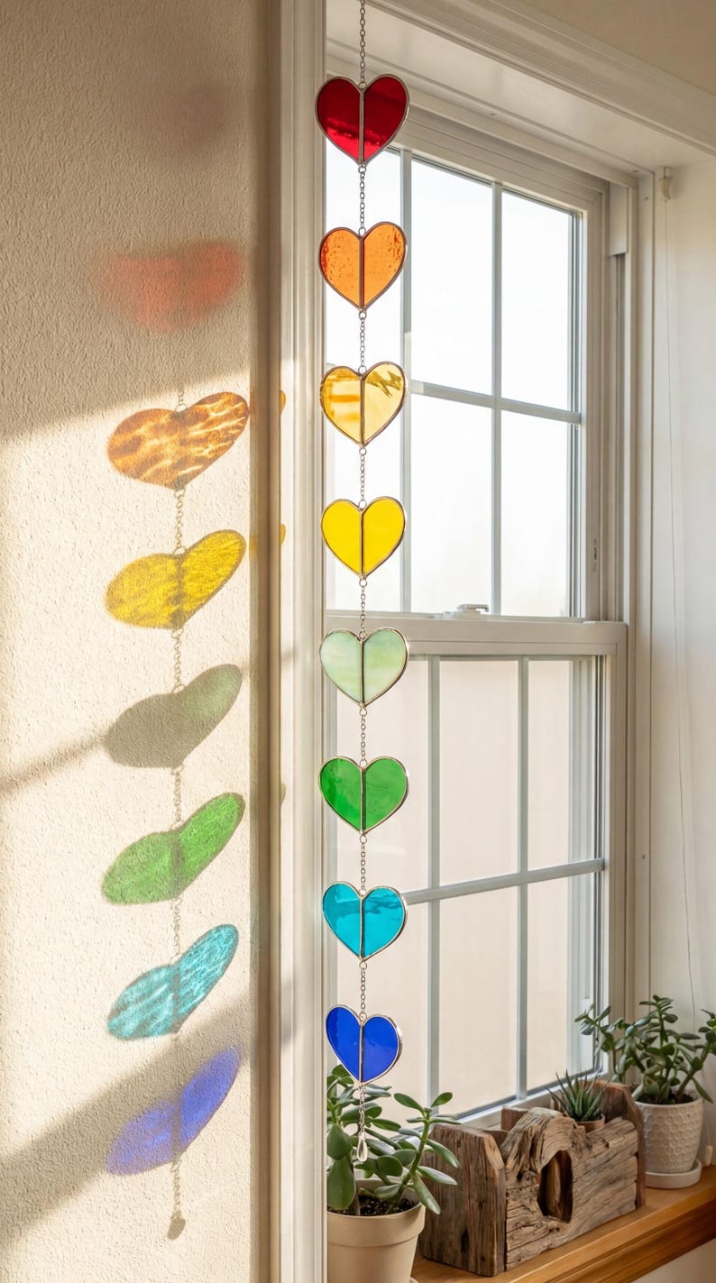 Vitral em forma de coração, arte solar para janela, coração em vitral, decoração de janelas, arte feita à mão, vitral para janela, cordão de corações F22