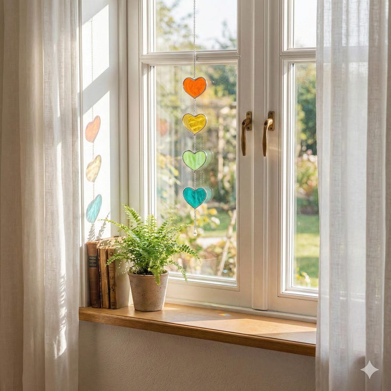 Apanhador de Sol em Formato de Coração Colorido com Vitral, Decoração de Janela Q06