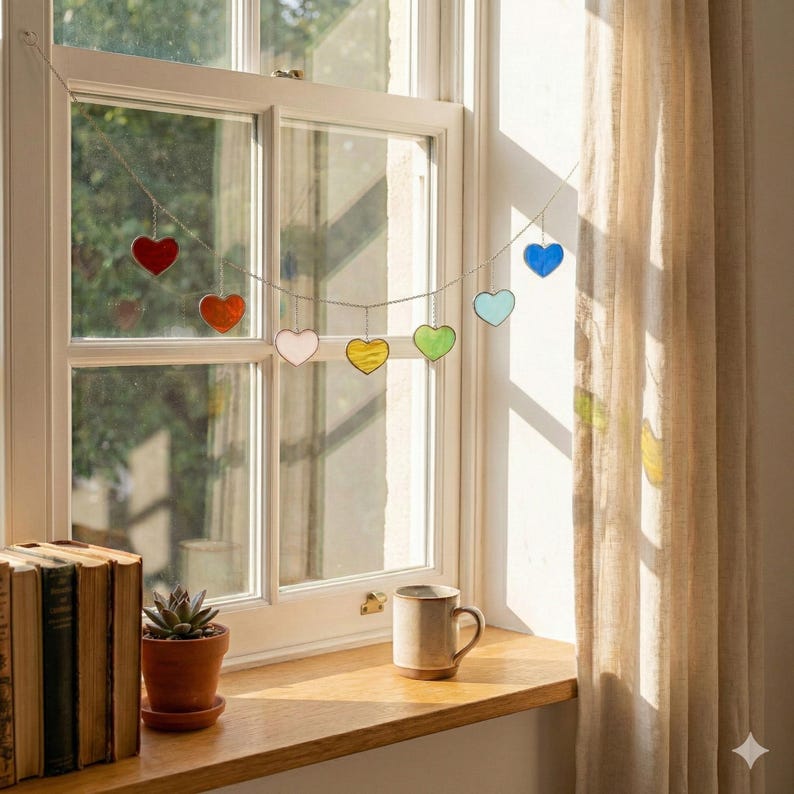 Guirlanda de Corações de Vidro Arco-Íris – Decoração para Janela e Parede F96