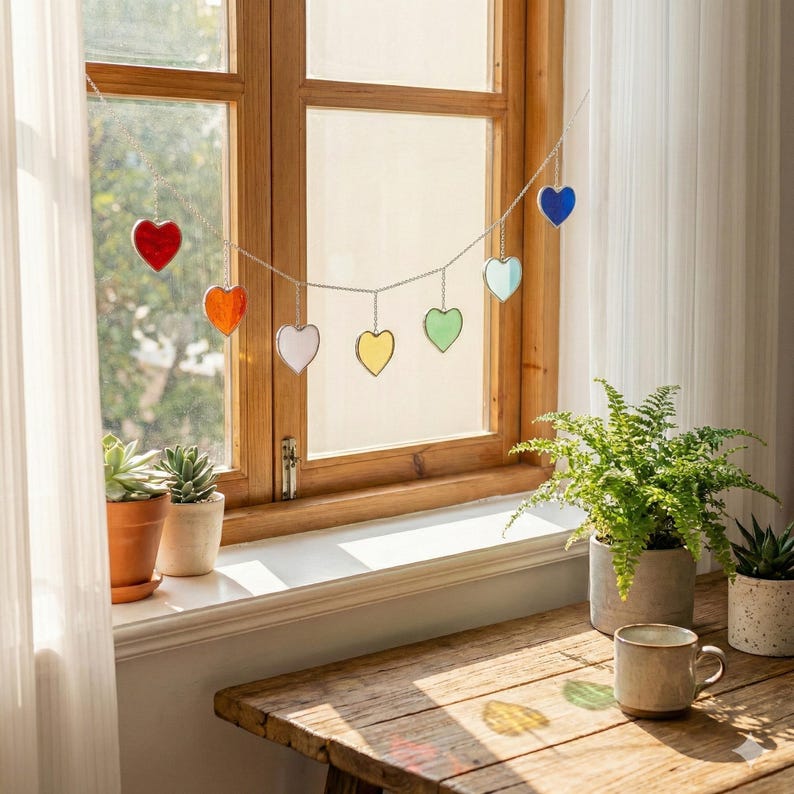 Guirlanda de Corações de Vidro Arco-Íris – Decoração para Janela e Parede F96