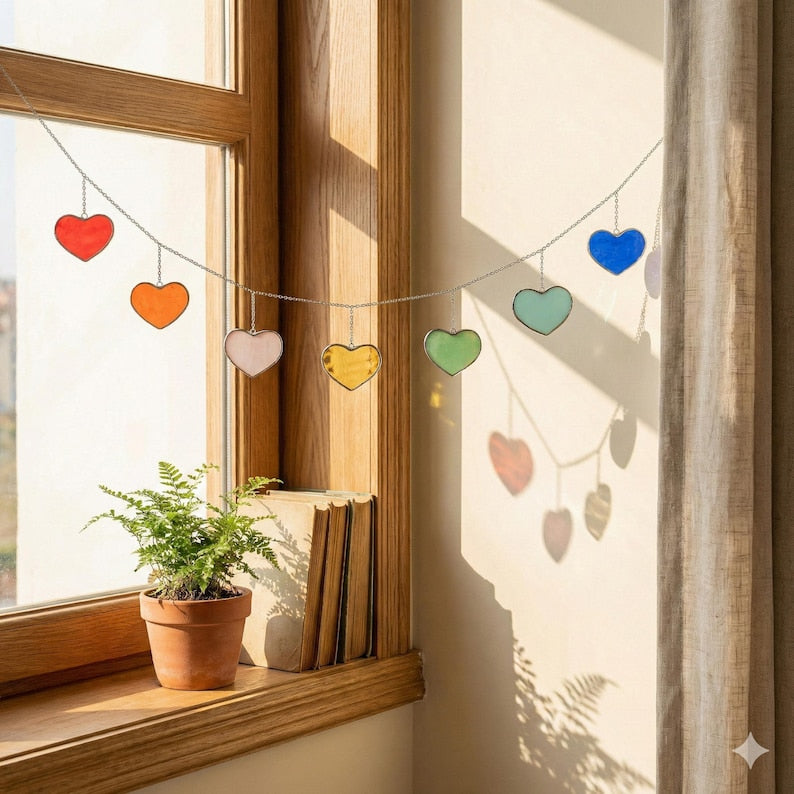 Guirlanda de Corações de Vidro Arco-Íris – Decoração para Janela e Parede F96