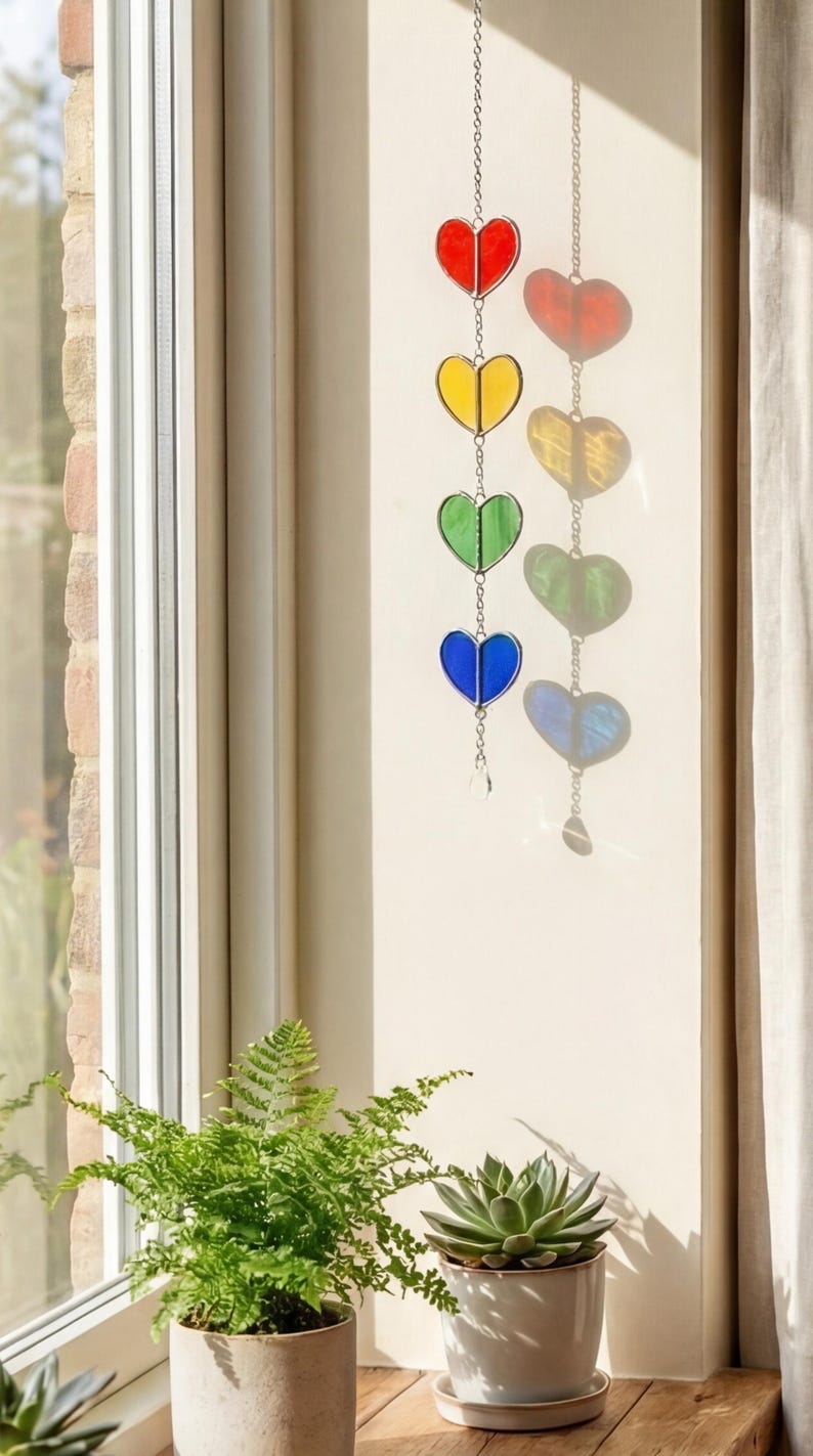 Vitral em forma de coração, arte solar para janela, coração em vitral, decoração de janelas, arte feita à mão, vitral para janela, cordão de corações F22