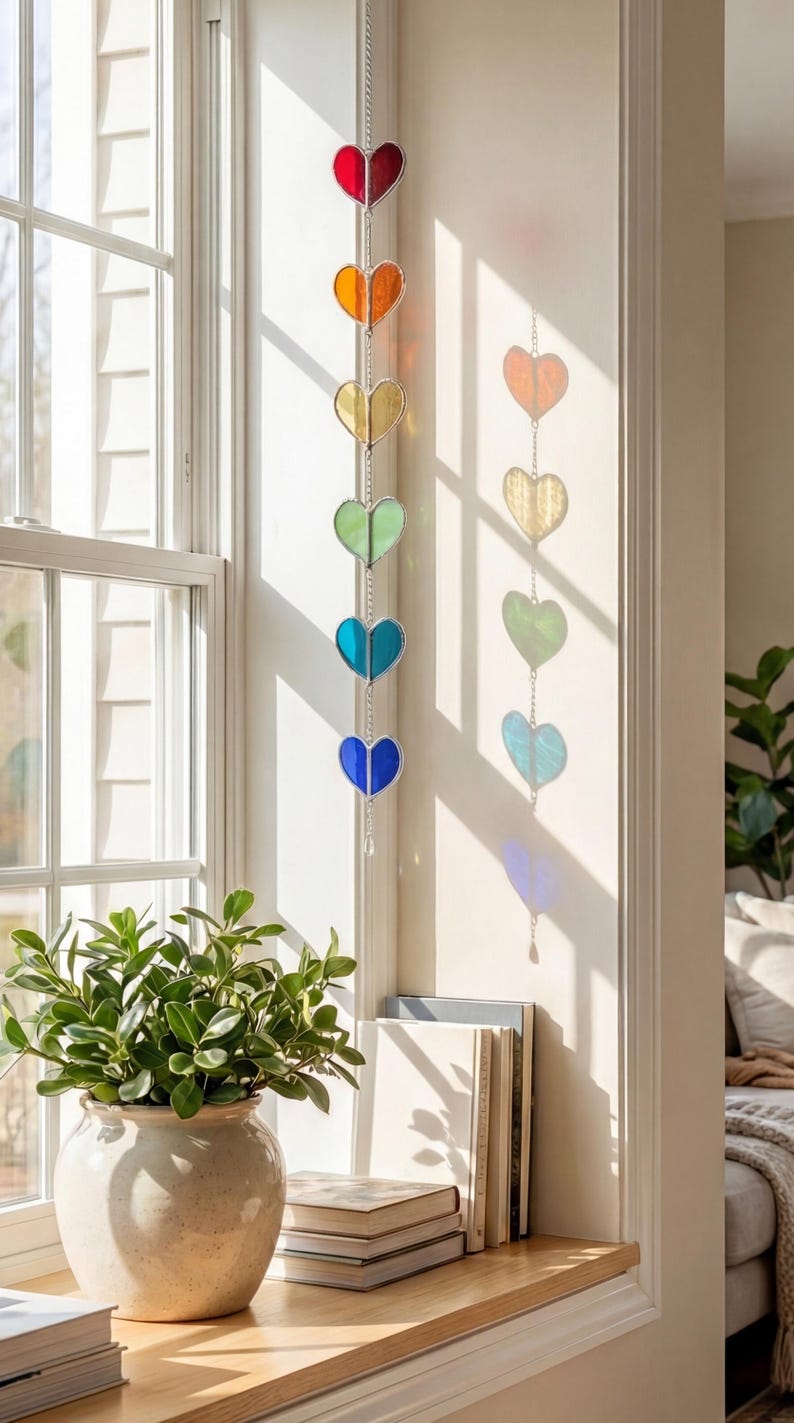 Vitral em forma de coração, arte solar para janela, coração em vitral, decoração de janelas, arte feita à mão, vitral para janela, cordão de corações F22