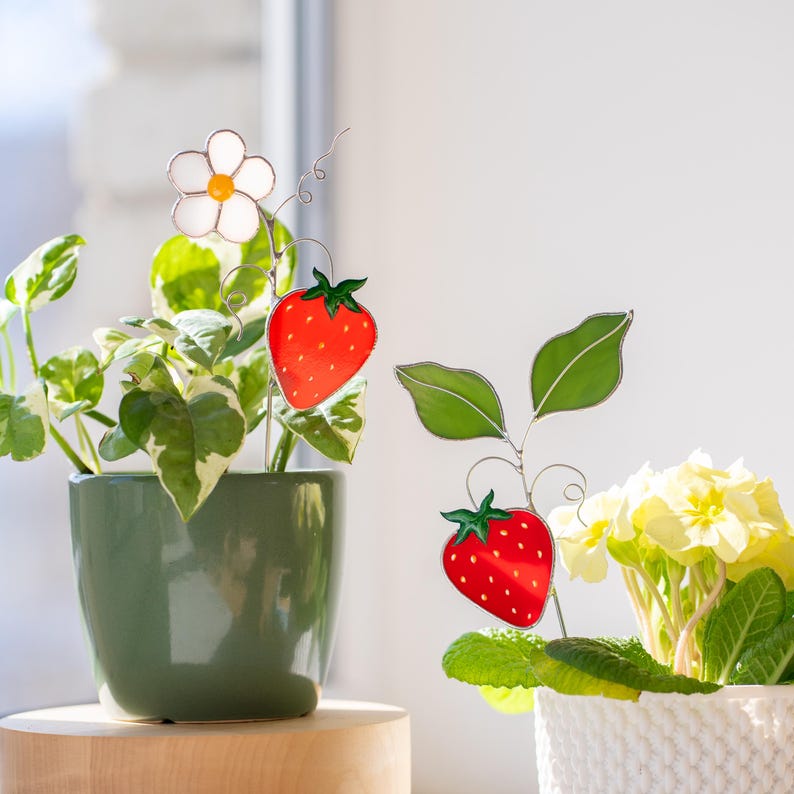Estacas de Vitral para Plantas de Morango - Presente Estilo Cottagecore - Decoração de Jardim Caprichosa