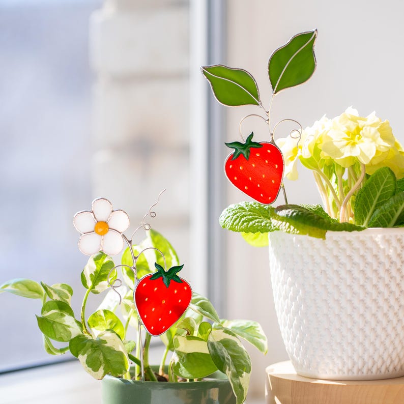 Estacas de Vitral para Plantas de Morango - Presente Estilo Cottagecore - Decoração de Jardim Caprichosa