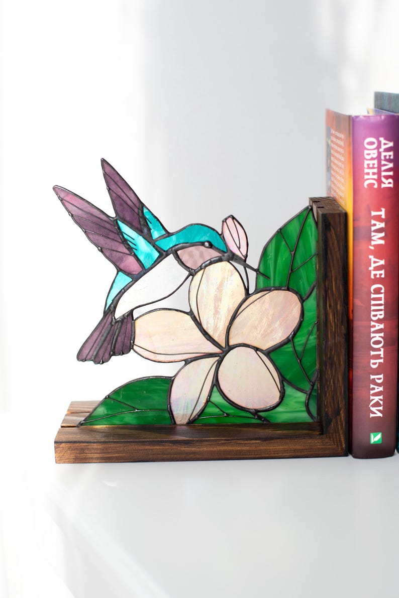 Suporte para livros de vidro colorido estilo vitral beija-flor flores estante