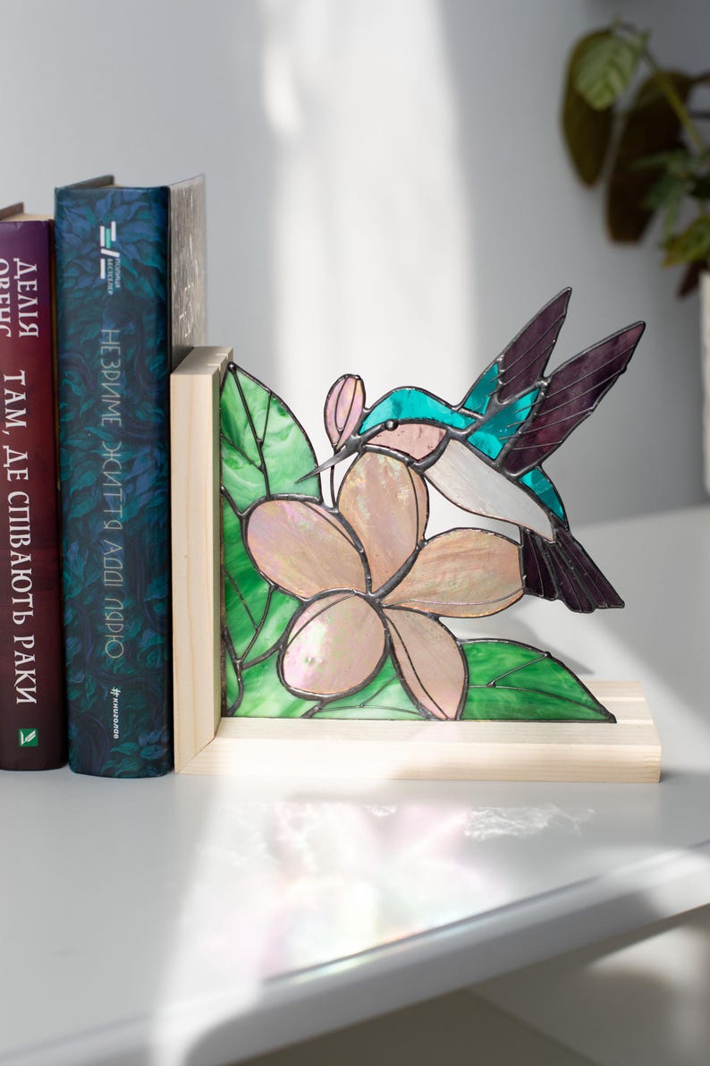 Suporte para livros de vidro colorido estilo vitral beija-flor flores estante