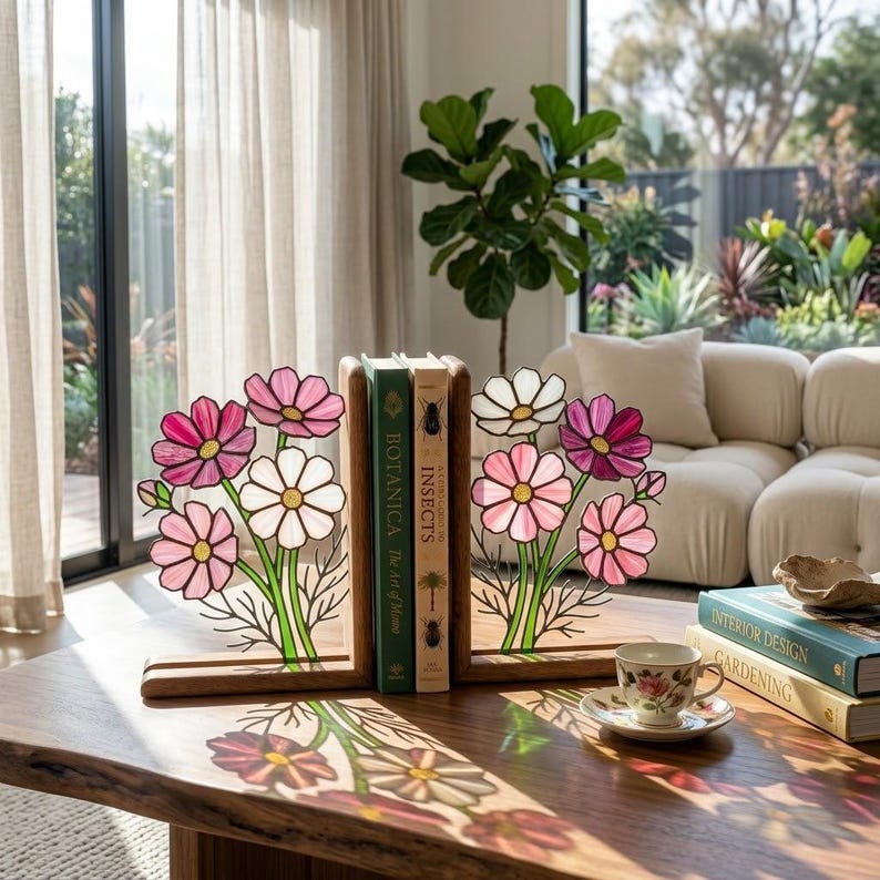 Suporte para livros de vidro colorido estilo vitral cosmos flor outubro