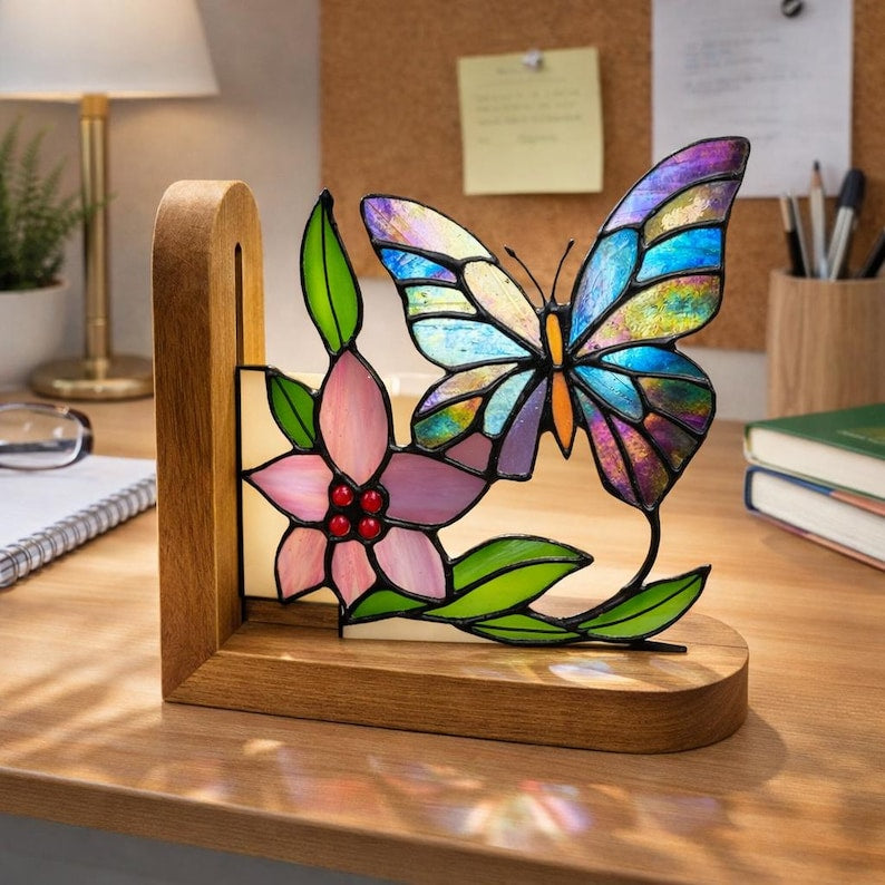 Suporte para livros de vidro colorido estilo vitral borboletas Tiffany decoração