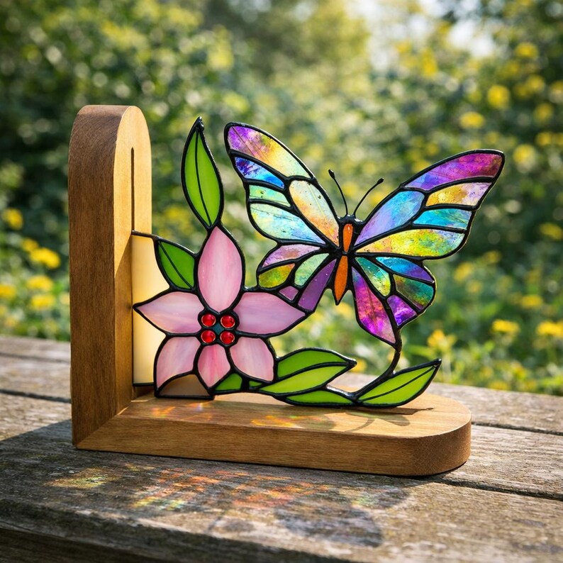 Suporte para livros de vidro colorido estilo vitral borboletas Tiffany decoração